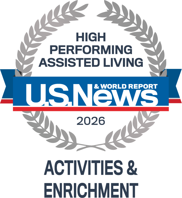 U.S. News 2026 High Performing Assisted Living award badge celebrating the community's achievements in Activities & Enrichment.
