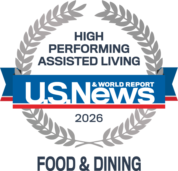 U.S. News 2026 High Performing Assisted Living award badge recognizing the community's excellence in Food & Dining.